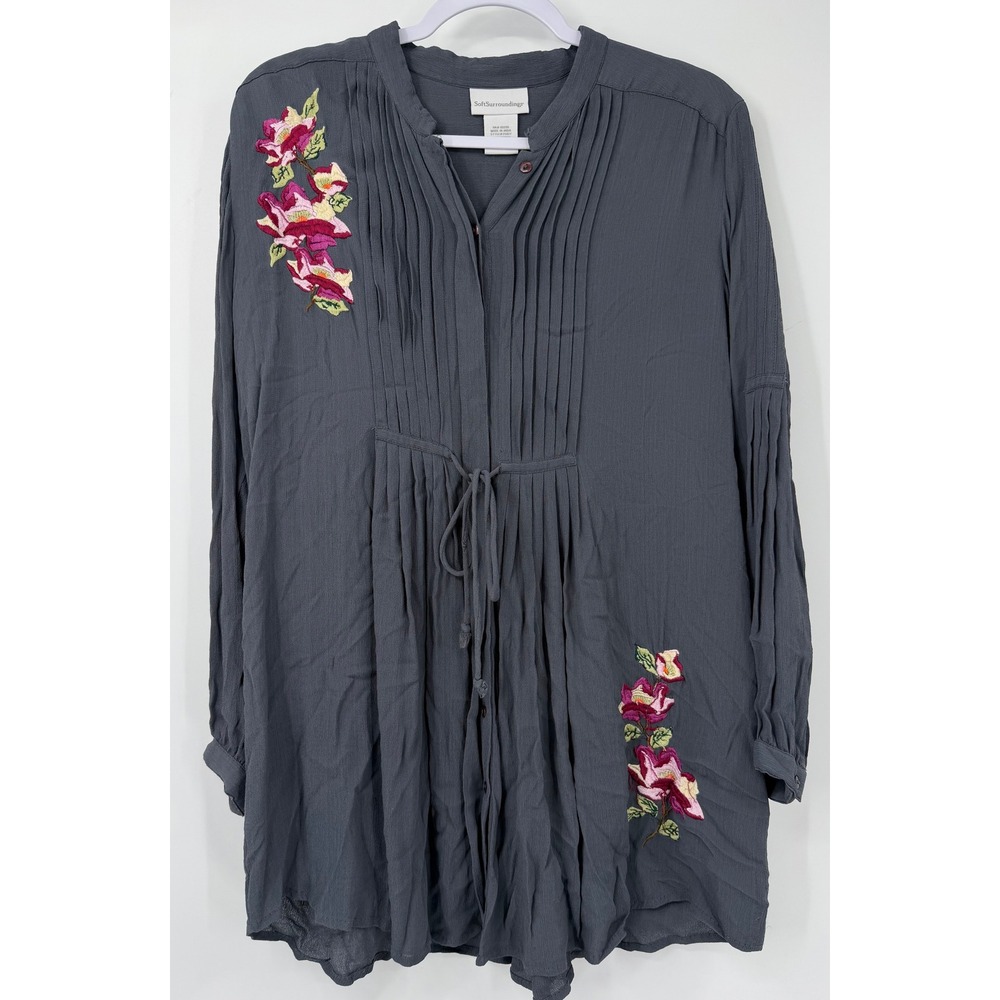 Soft Surroundings Womens XL Gray Embroidered Pintuck Henley Tunic Top 25927